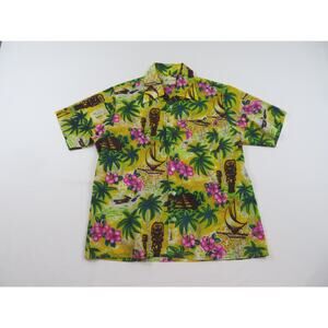 Waikiki Hawaiian Shirt Palm Tree Tiki Sail Boat Yellow Sz L Vintage 60s-70s